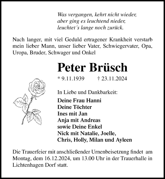 Traueranzeige von Peter Brüsch von Ostsee-Zeitung GmbH