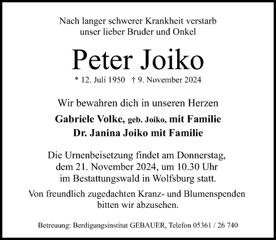 Traueranzeige von Peter Joiko von Aller Zeitung