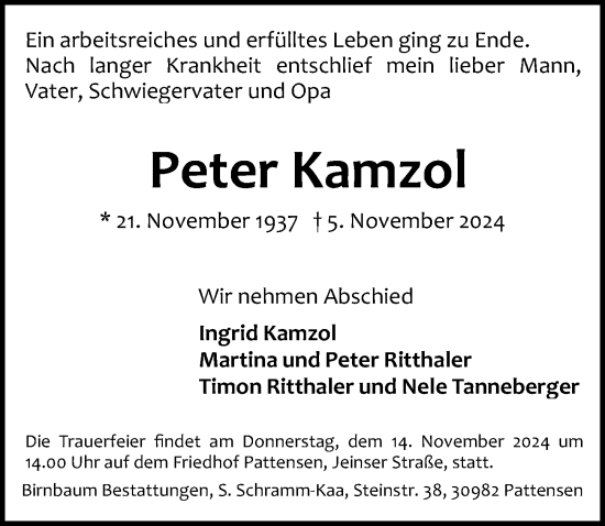 Traueranzeige von Peter Kamzol von Hannoversche Allgemeine Zeitung/Neue Presse