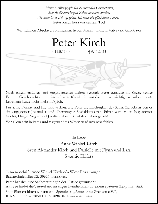 Traueranzeige von Peter Kirch von Hannoversche Allgemeine Zeitung/Neue Presse