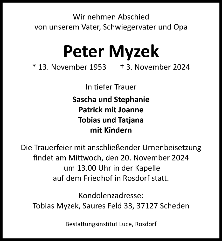  Traueranzeige für Peter Myzek vom 16.11.2024 aus Göttinger Tageblatt