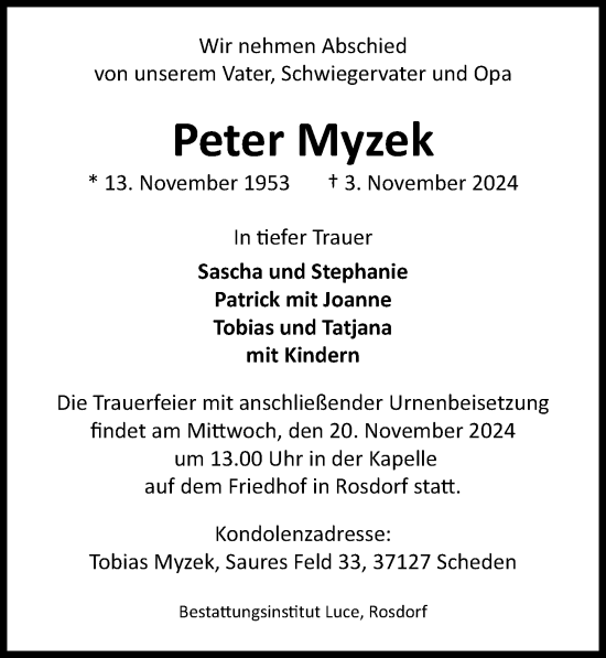 Traueranzeige von Peter Myzek von Göttinger Tageblatt