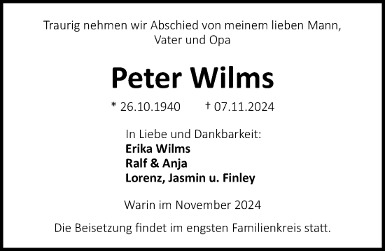 Traueranzeige von Peter Wilms von Ostsee-Zeitung GmbH