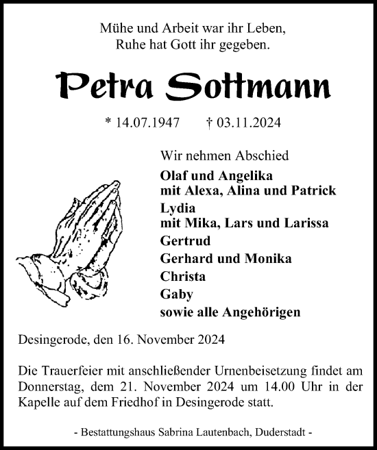 Traueranzeige von Petra Sottmann von Eichsfelder Tageblatt