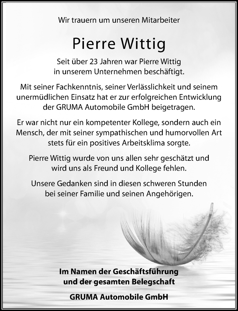  Traueranzeige für Pierre Wittig vom 30.11.2024 aus Leipziger Volkszeitung