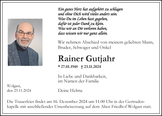 Traueranzeige von Rainer Gutjahr von Ostsee-Zeitung GmbH