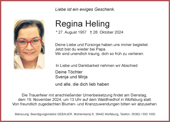 Traueranzeige von Regina Heling von Aller Zeitung