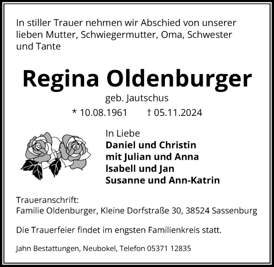 Traueranzeige von Regina Oldenburger von Aller Zeitung