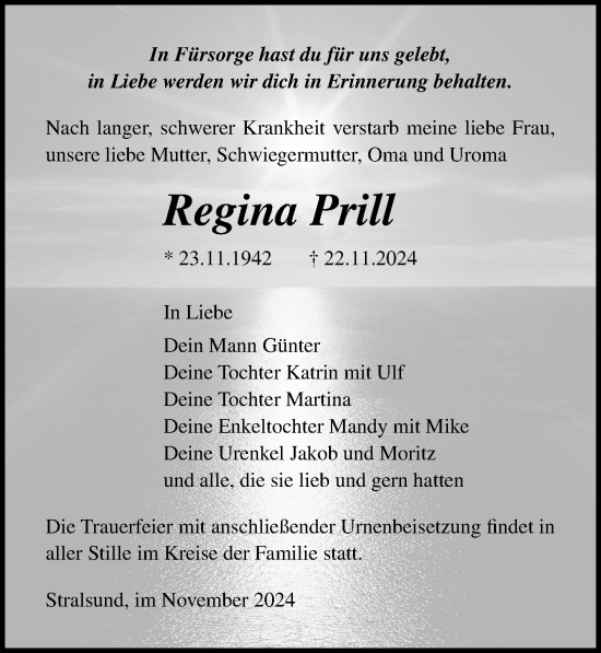 Traueranzeige von Regina Prill von Ostsee-Zeitung GmbH