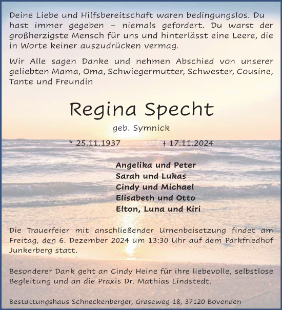 Traueranzeige von Regina Specht von Göttinger Tageblatt