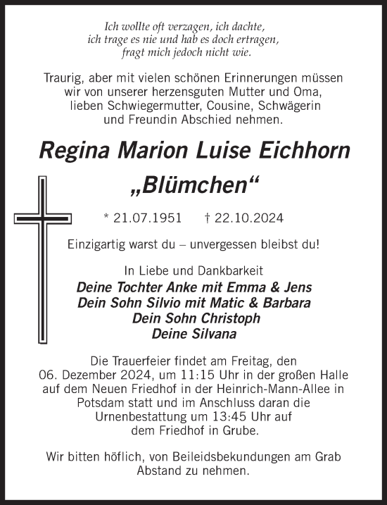 Traueranzeige von Regina Marion Luise Eichhorn von Märkischen Allgemeine Zeitung