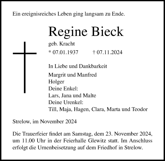 Traueranzeige von Regine Bieck von Ostsee-Zeitung GmbH