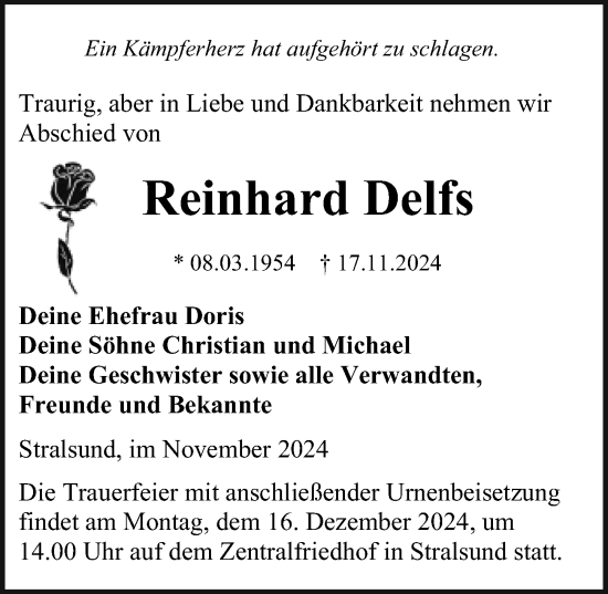 Traueranzeige von Reinhard Delfs von Ostsee-Zeitung GmbH