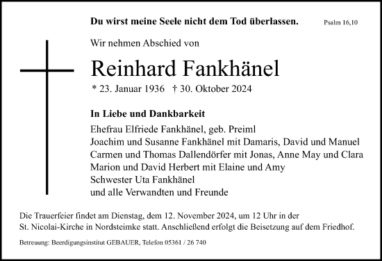 Traueranzeige von Reinhard Fankhänel von Aller Zeitung