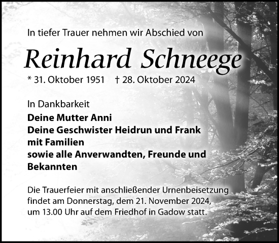 Traueranzeige von Reinhard Schneege