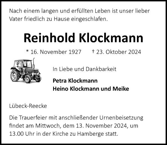 Traueranzeige von Reinhold Klockmann von Lübecker Nachrichten