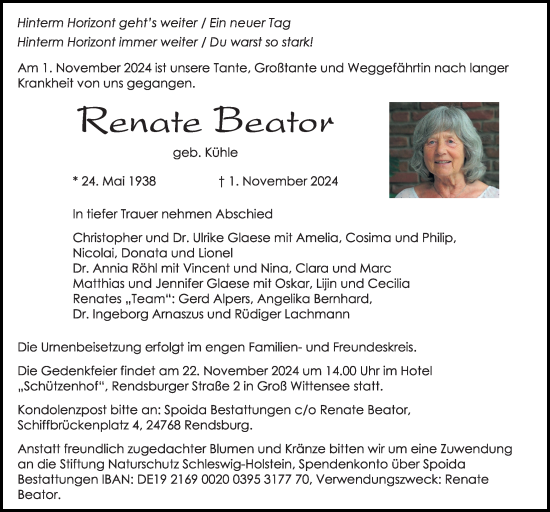 Traueranzeige von Renate Beator von Kieler Nachrichten