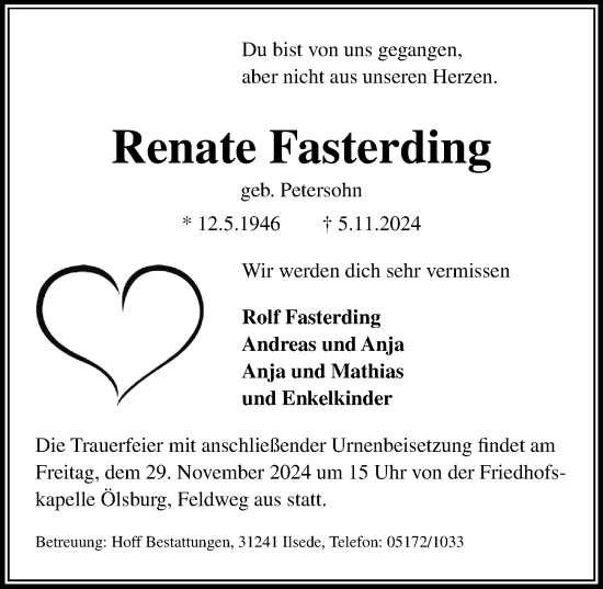 Traueranzeige von Renate Fasterding von Peiner Allgemeine Zeitung