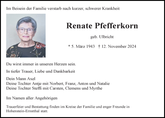 Traueranzeige von Renate Pfefferkorn von Leipziger Volkszeitung