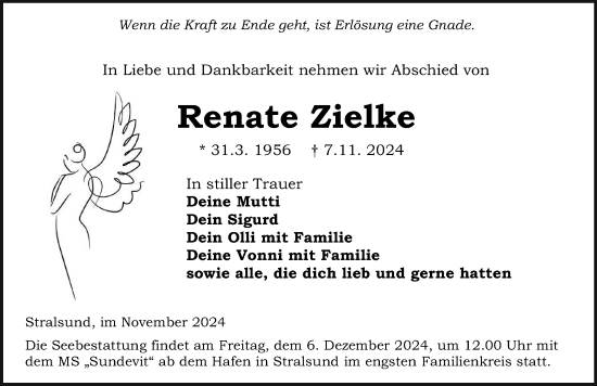 Traueranzeige von Renate Zielke von Ostsee-Zeitung GmbH