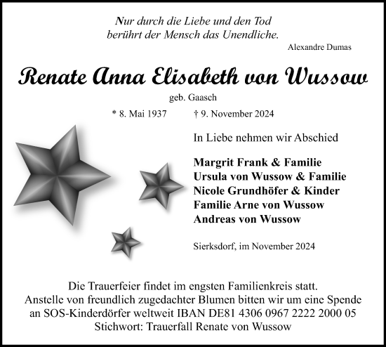 Traueranzeige von Renate Anna Elisabeth  von Wussow von Lübecker Nachrichten