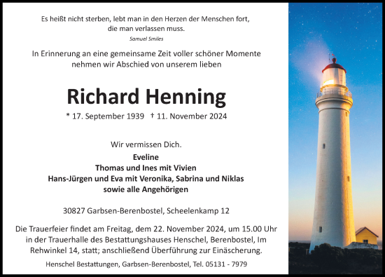 Traueranzeige von Richard Henning von Hannoversche Allgemeine Zeitung/Neue Presse