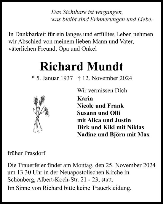 Traueranzeige von Richard Mundt von Kieler Nachrichten