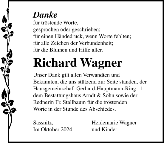 Traueranzeige von Richard Wagner von Ostsee-Zeitung GmbH