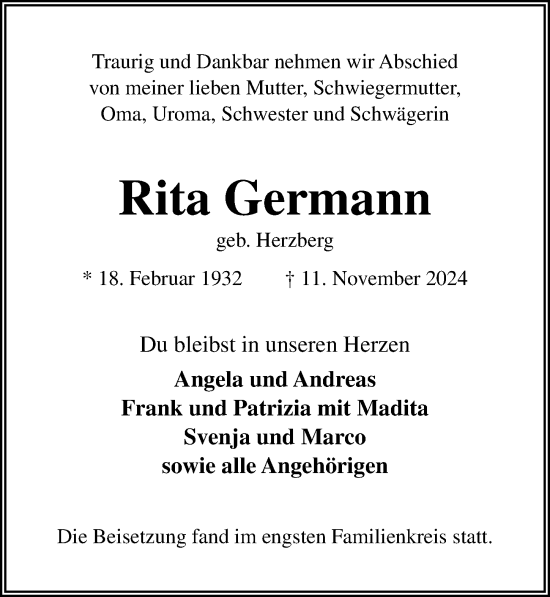 Traueranzeige von Rita Germann von Lübecker Nachrichten