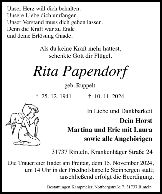 Traueranzeige von Rita Papendorf von Schaumburger Nachrichten und Schaumburger Zeitung/ Landes-Zeitung