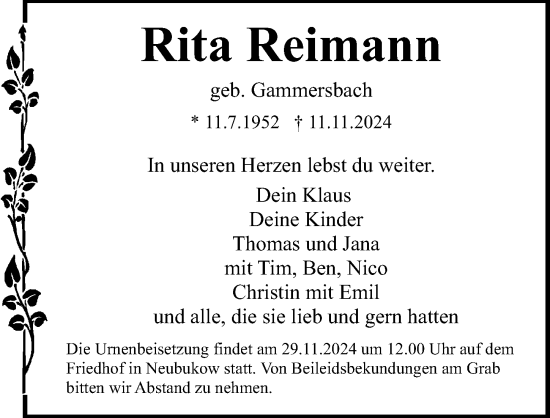 Traueranzeige von Rita Reimann von Ostsee-Zeitung GmbH