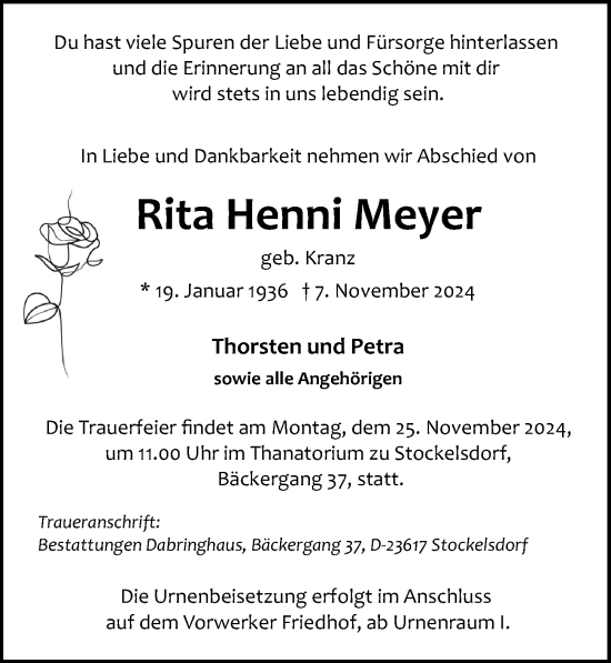 Traueranzeige von Rita Henni Meyer von Lübecker Nachrichten