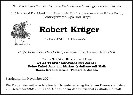 Traueranzeige von Robert Krüger von Ostsee-Zeitung GmbH