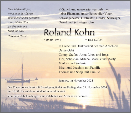 Traueranzeige von Roland Kohn von Ostsee-Zeitung GmbH