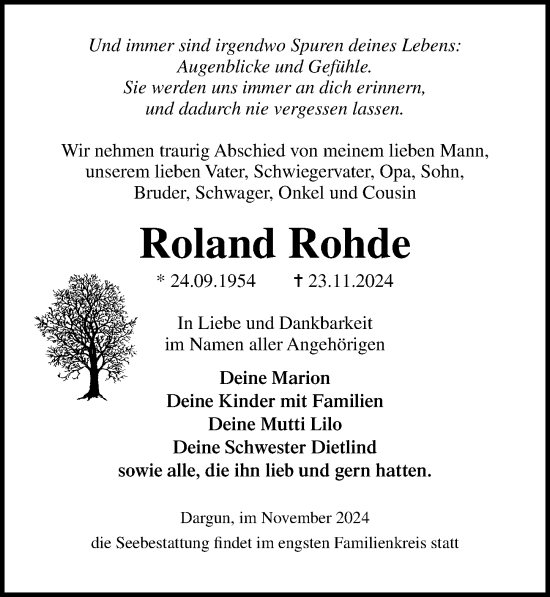 Traueranzeige von Roland Rohde von Ostsee-Zeitung GmbH