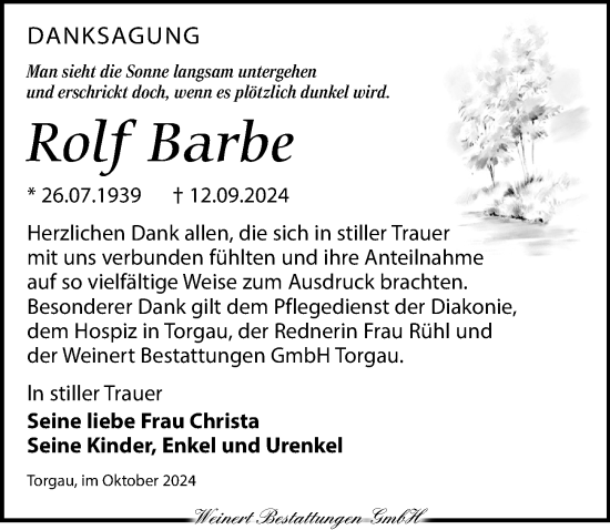 Traueranzeige von Rolf Barbe von Torgauer Zeitung