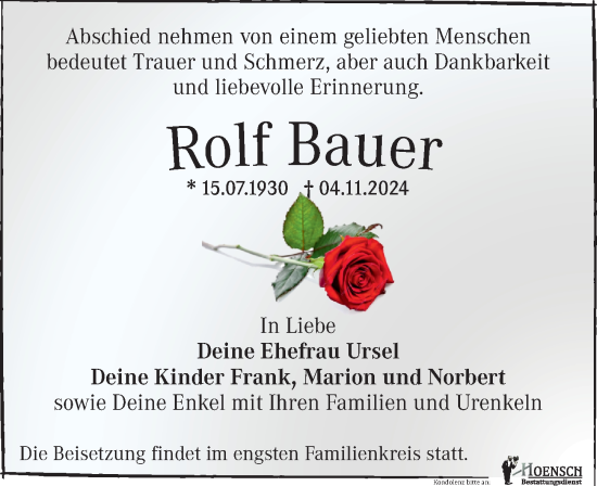 Traueranzeige von Rolf Bauer von Leipziger Volkszeitung