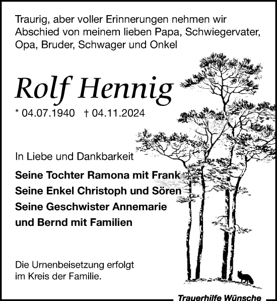 Traueranzeige von Rolf Hennig von Leipziger Volkszeitung