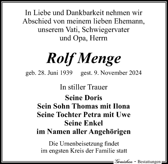 Traueranzeige von Rolf Menge von Leipziger Volkszeitung