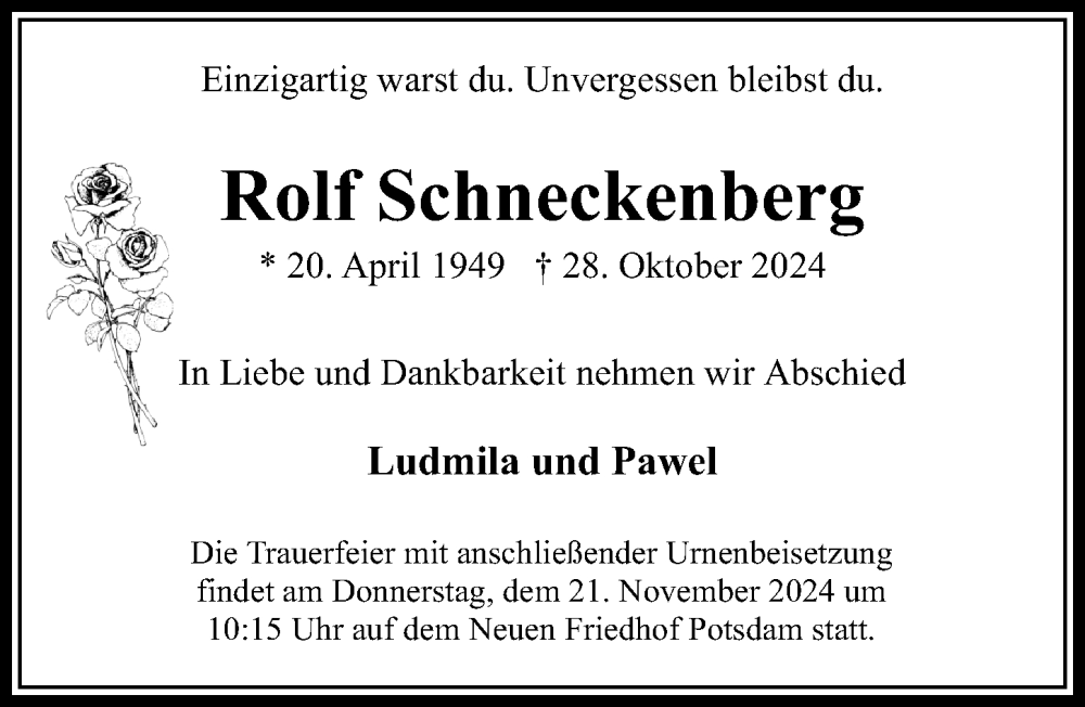  Traueranzeige für Rolf Schneckenberg vom 02.11.2024 aus Märkischen Allgemeine Zeitung