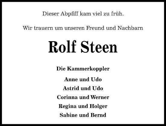 Traueranzeige von Rolf Steen von Kieler Nachrichten