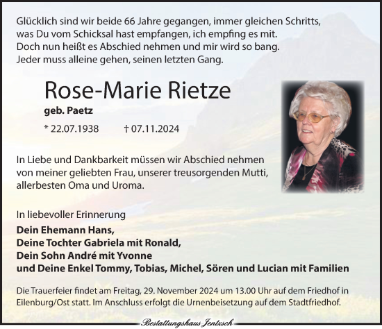 Traueranzeige von Rose-Marie Rietze von Leipziger Volkszeitung