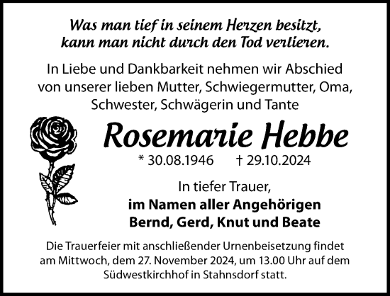 Traueranzeige von Rosemalie Hebbe von Märkischen Allgemeine Zeitung