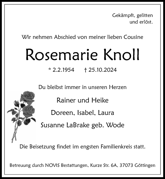 Traueranzeige von Rosemarie Knoll von Göttinger Tageblatt