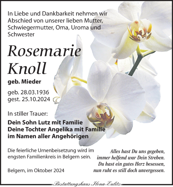 Traueranzeige von Rosemarie Knoll von Torgauer Zeitung