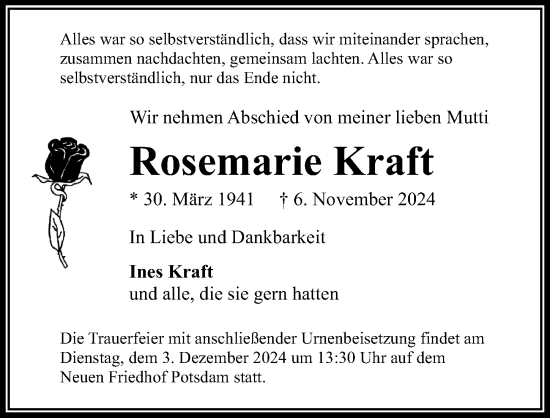 Traueranzeige von Rosemarie Kraft von Märkischen Allgemeine Zeitung