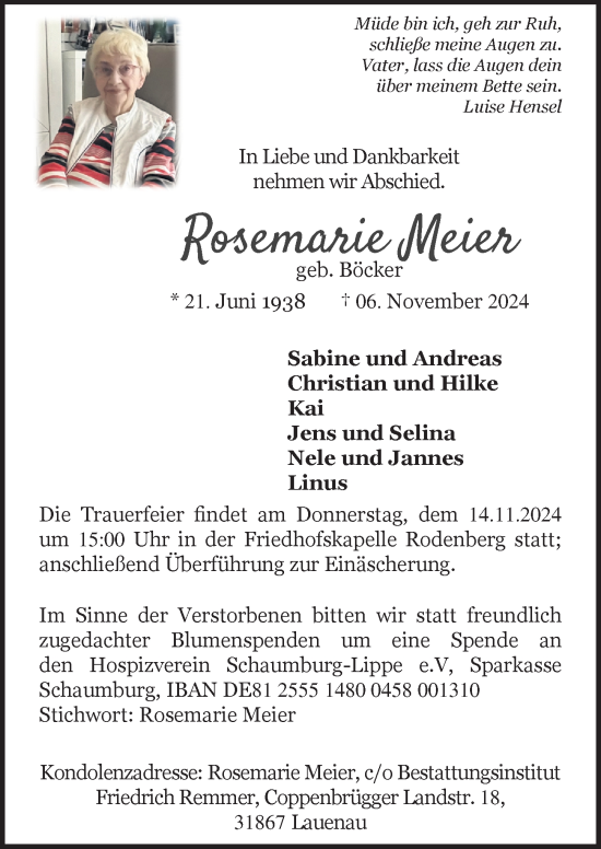 Traueranzeige von Rosemarie Meier von Hannoversche Allgemeine Zeitung/Neue Presse