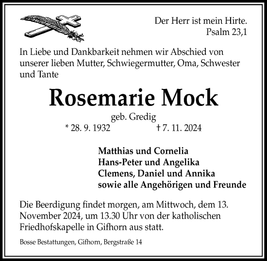 Traueranzeige von Rosemarie Mock von Aller Zeitung