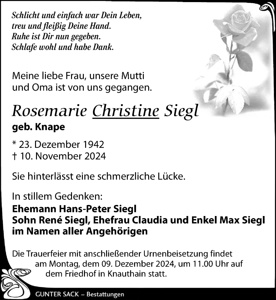  Traueranzeige für Rosemarie Christine Siegl vom 30.11.2024 aus Leipziger Volkszeitung