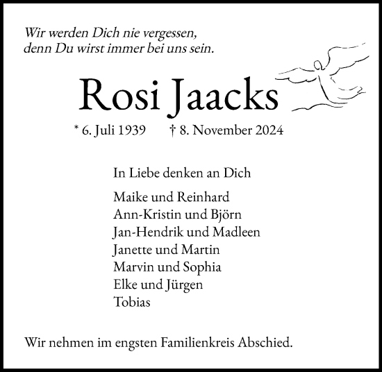 Traueranzeige von Rosi Jaacks von Kieler Nachrichten